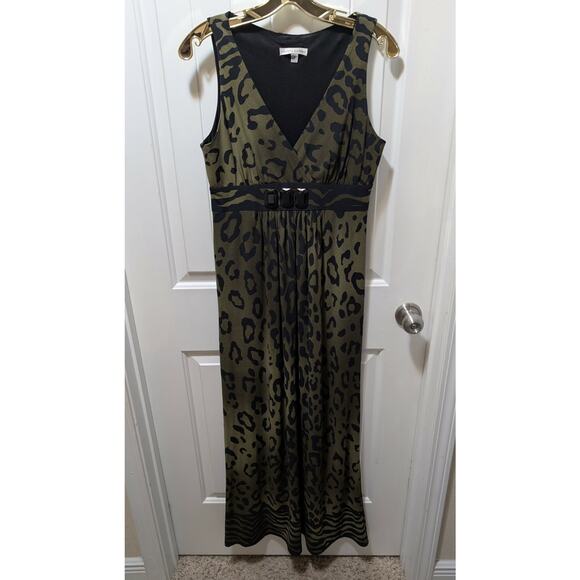 SANDRA DARREN Green Black Leopard Print Maxi Dress Sleeveless V Neck Size 6 - Picture 1 of 8